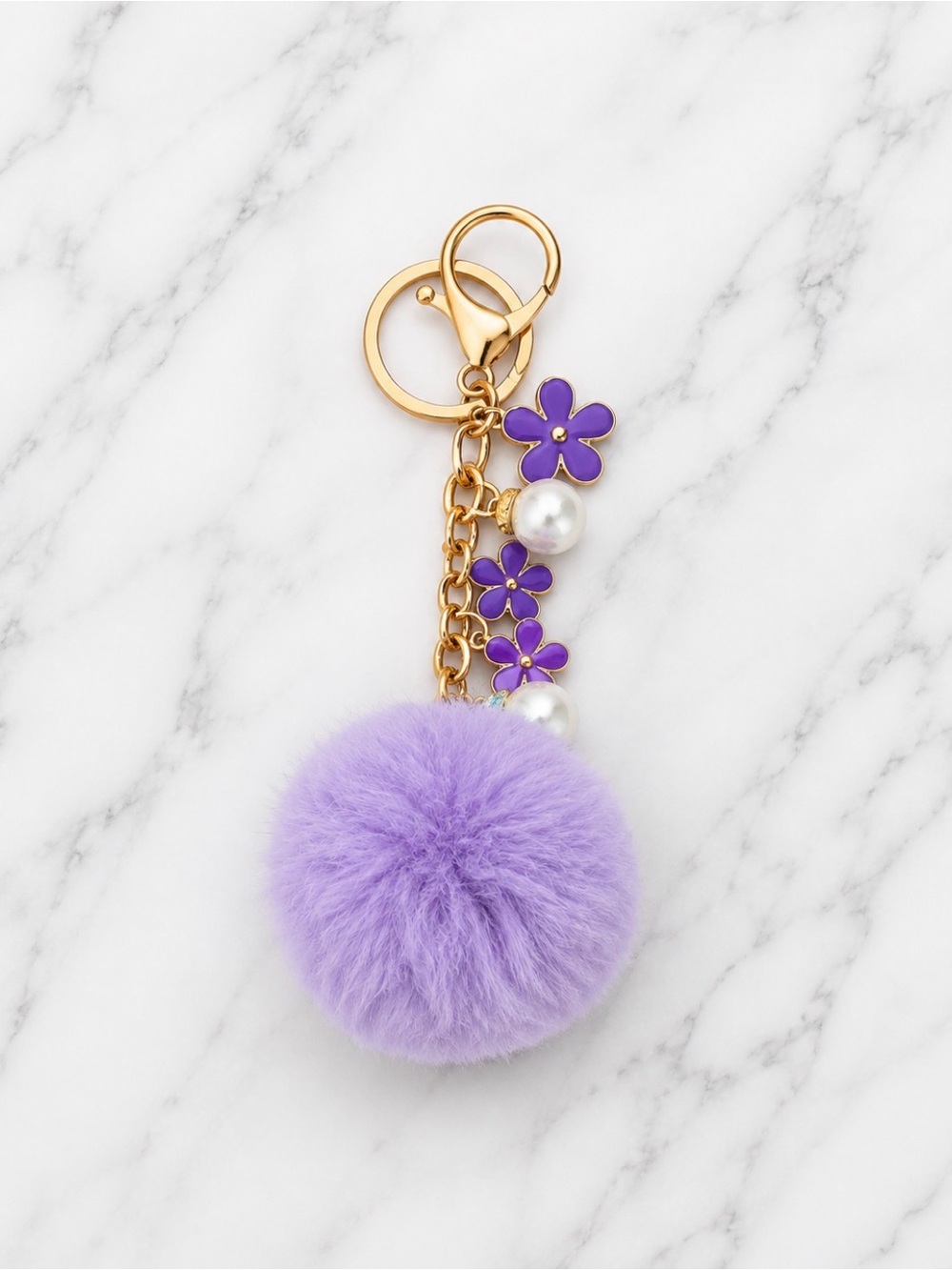 Purple Pom-Pom & Enamel Flower Bag Charm / Keyring-Gold Hardware